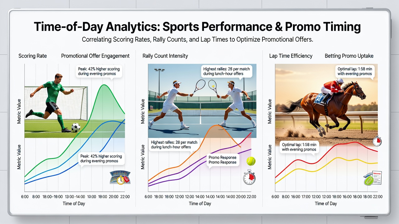 Graphical analysis showing time-of-day performance metrics across soccer, tennis and thoroughbred racing overlaid with typical promotional windows