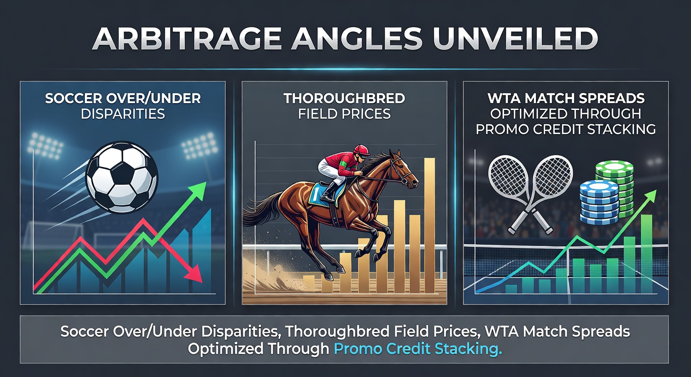 Visual representation of arbitrage opportunities across soccer over/under lines, horse racing field prices, and WTA tennis spreads highlighting promo stacking edges