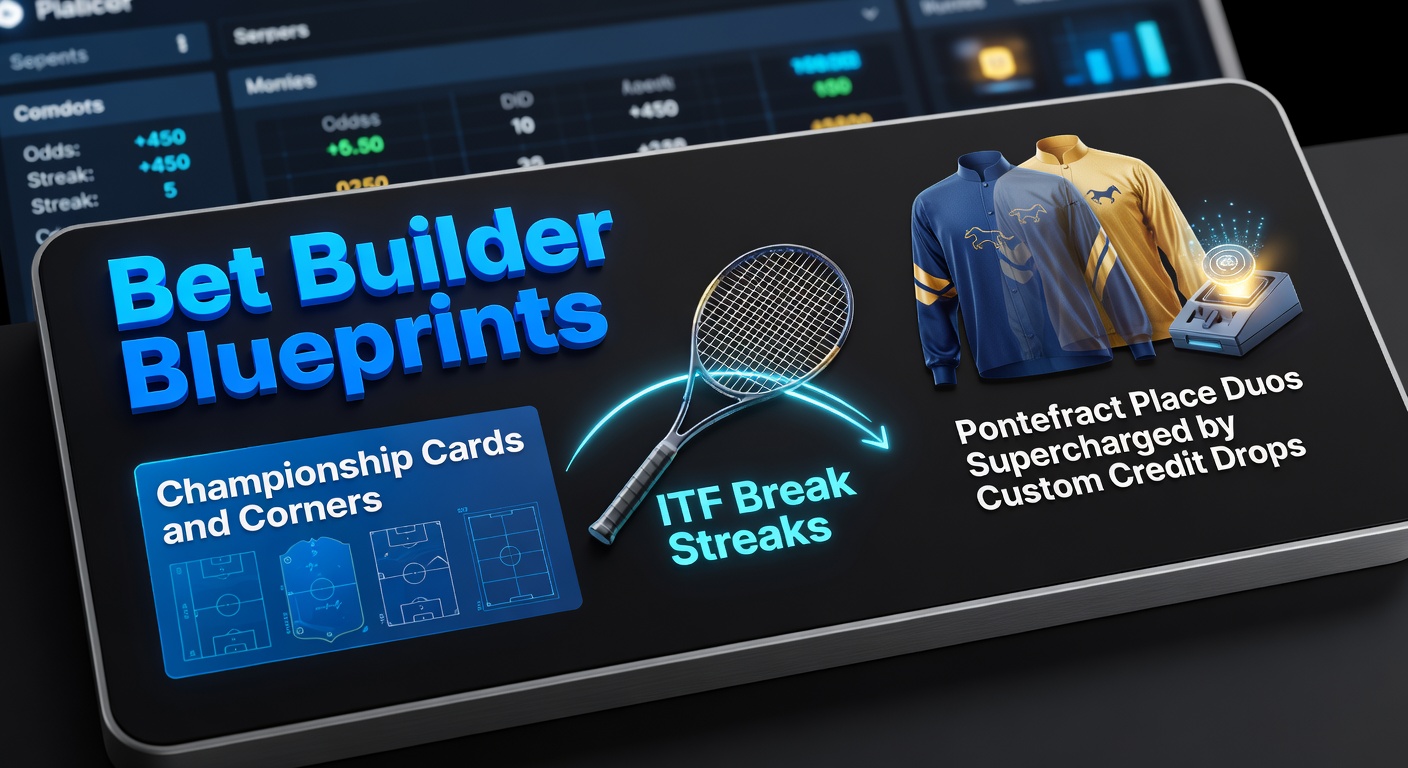 EFL Championship match showing intense play with referees issuing cards and corners being taken, overlaid with bet builder icons for cards and corners markets