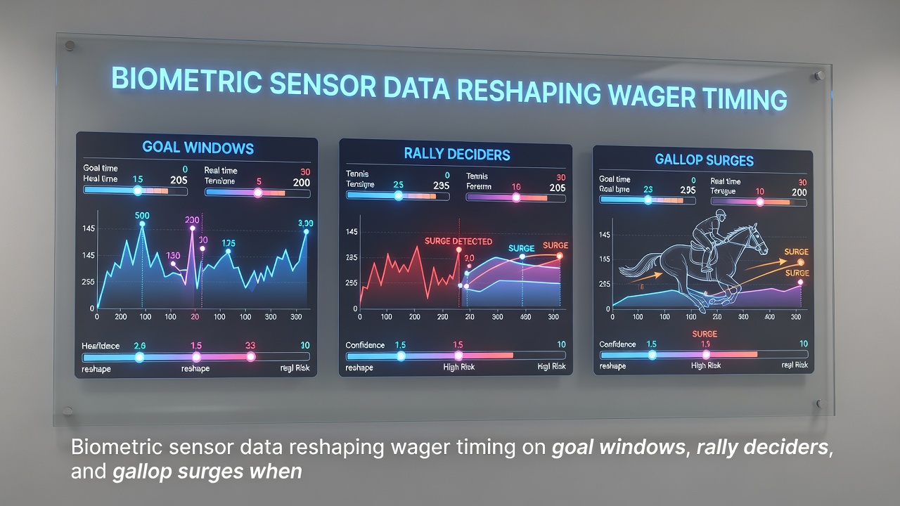 Horse racing biometric monitoring equipment linked to betting terminals displaying gallop surge timing and incentive redemption prompts