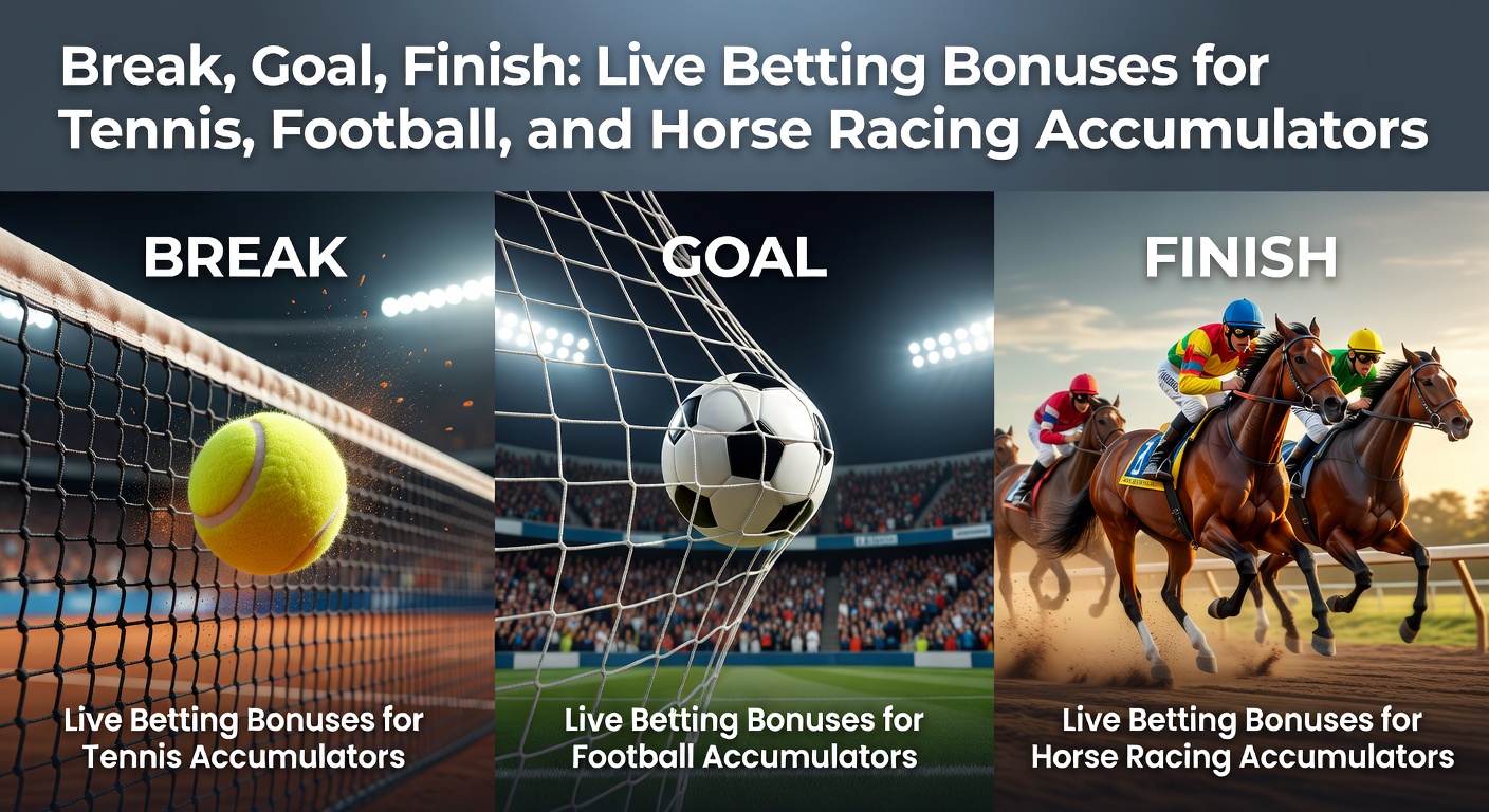 Dynamic scene capturing a tennis serve break, a football goal net rippling, and horses charging toward the finish line in a high-stakes race