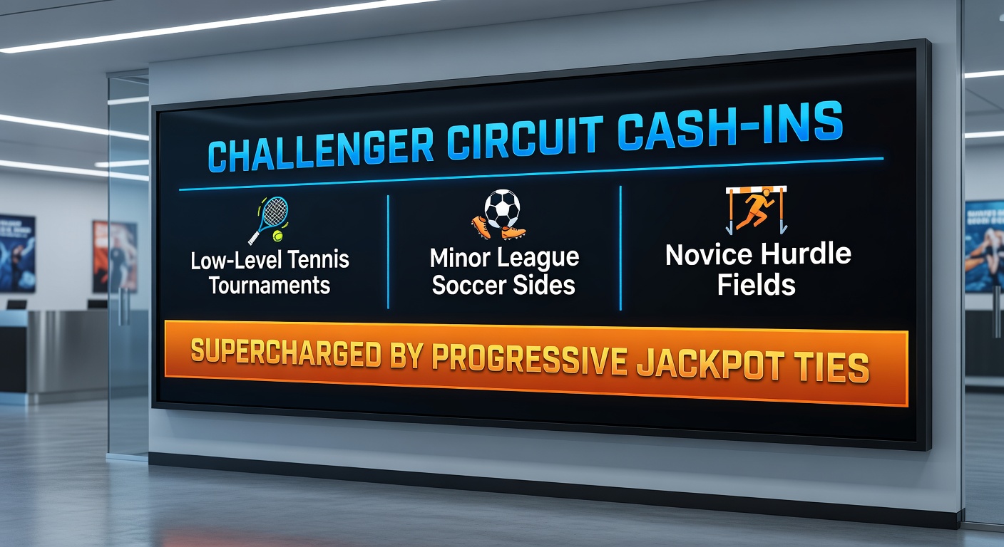 A dynamic scene from a Challenger tennis match where an underdog player leaps for a volley, overlaid with glowing progressive jackpot counters from an online casino interface, symbolizing the fusion of low-stakes sports betting adn high-reward casino progressives