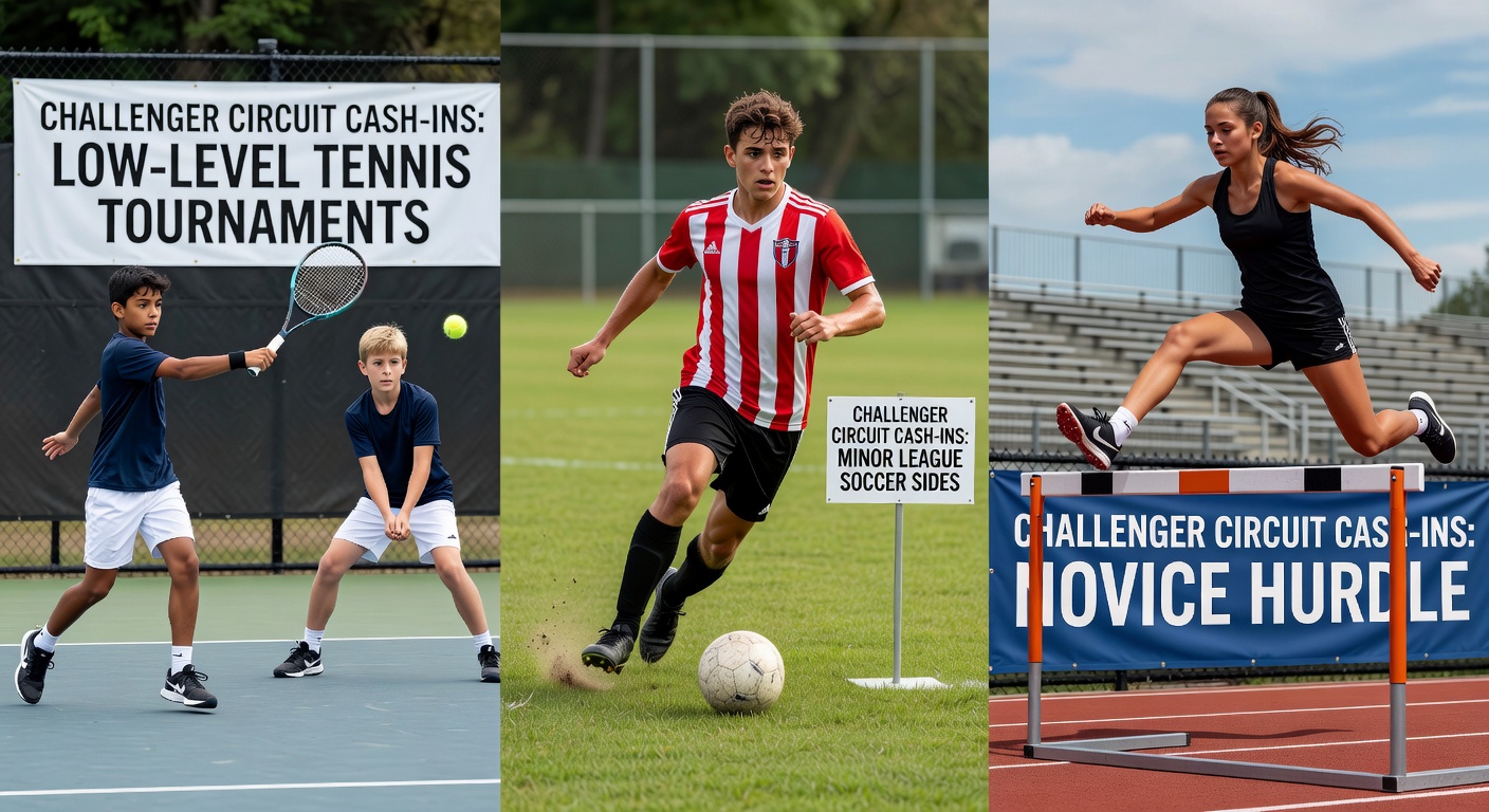 Split-view image capturing a minor league soccer goal celebration, a novice hurdler mid-jump over an obstacle, and a digital progressive jackpot meter ticking upward, illustrating interconnected betting opportunities