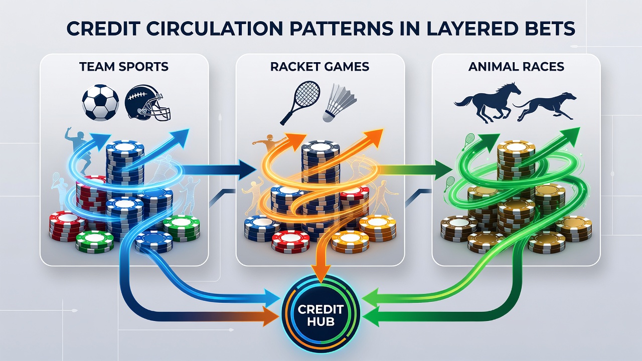 Flowchart illustrating credit movement between tennis and horse racing layered bets