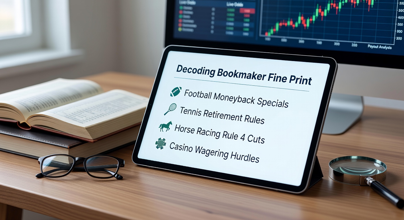 Close-up of a bookmaker terms and conditions document with highlighted sections on moneyback specials, retirement rules, Rule 4 deductions, and wagering requirements, alongside betting slips for football, tennis, horse racing, and casino games
