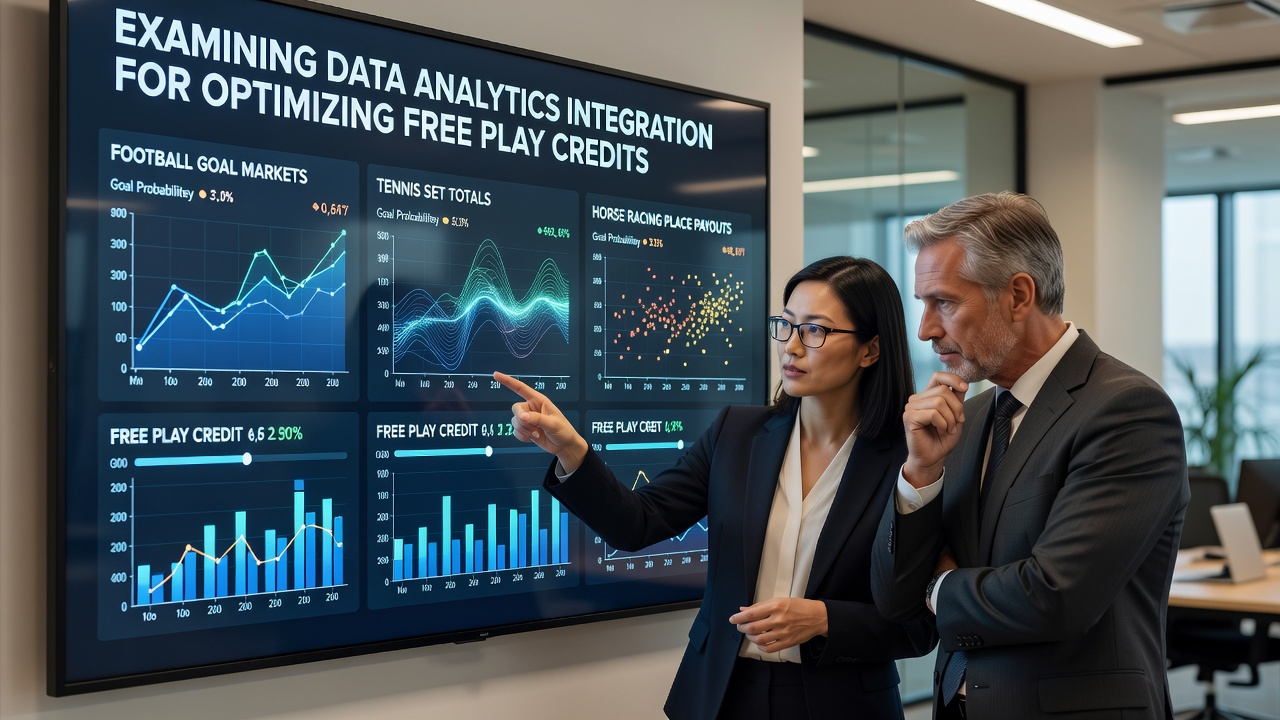 Data analytics dashboard displaying football goal market trends, tennis set totals, and horse racing place payouts with free play credit optimization metrics