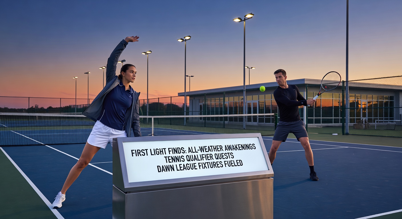 Tennis players competing in an early morning qualifier match on outdoor courts bathed in first light, with dew still on the grass