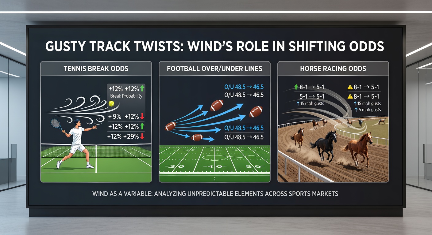 Horse racing field navigating a windy track, with pace maps overlaid showing leaders stretching out under gusty conditions