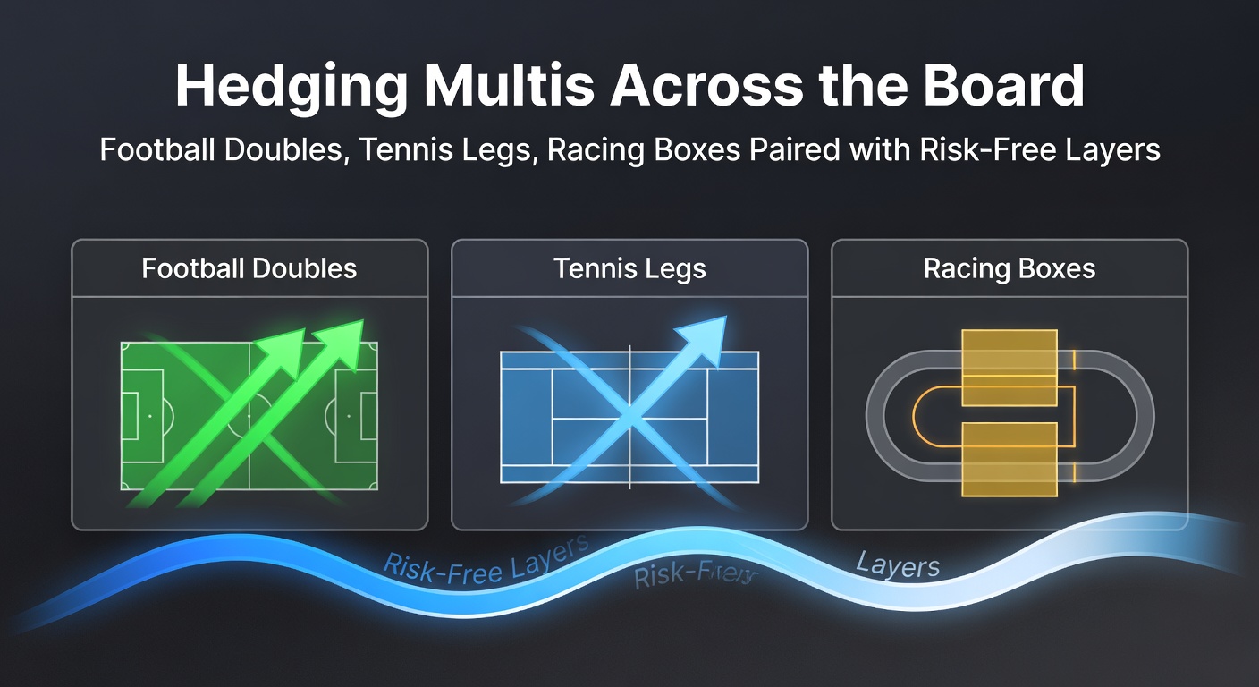Visual breakdown of a multi-bet hedge strategy overlaying football, tennis, and horse racing markets with risk-free bet layers