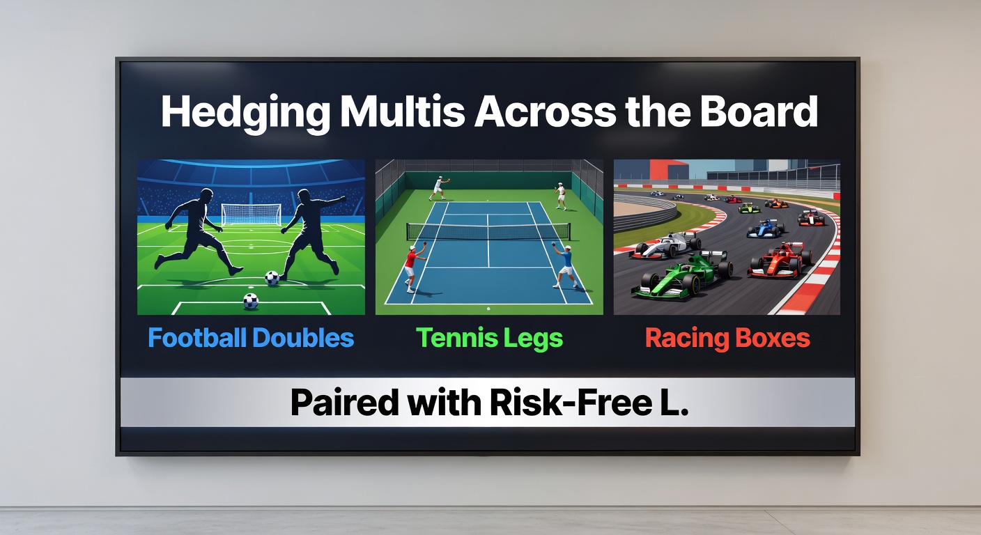 Infographic showing hedged racing box permutations combined with football and tennis multis under risk-free protection