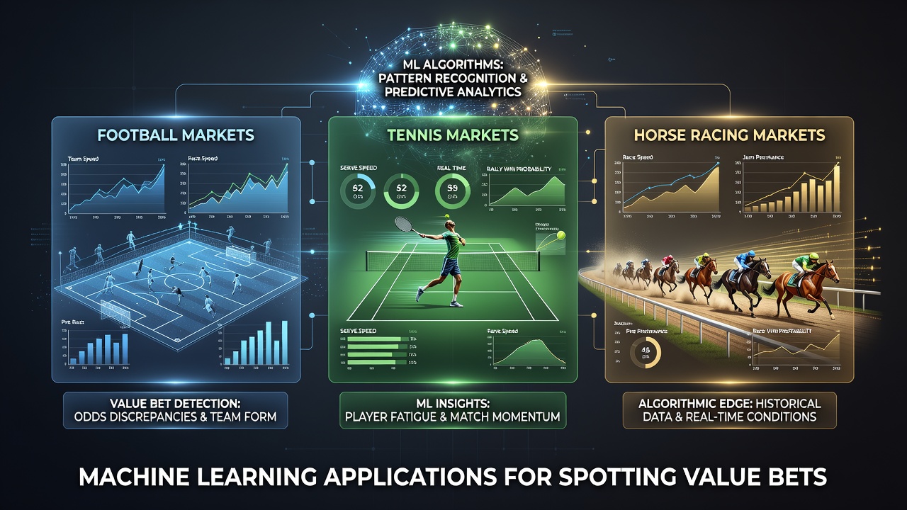 Split-screen view of tennis match analytics and horse racing pace figures overlaid with operator promotion banners for value bet stacking