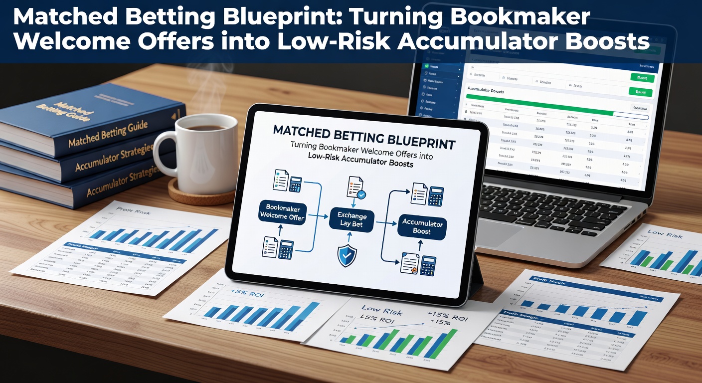 Visual blueprint diagram showing bookmaker welcome offers transforming into matched accumulator bets with profit arrows and low-risk indicators