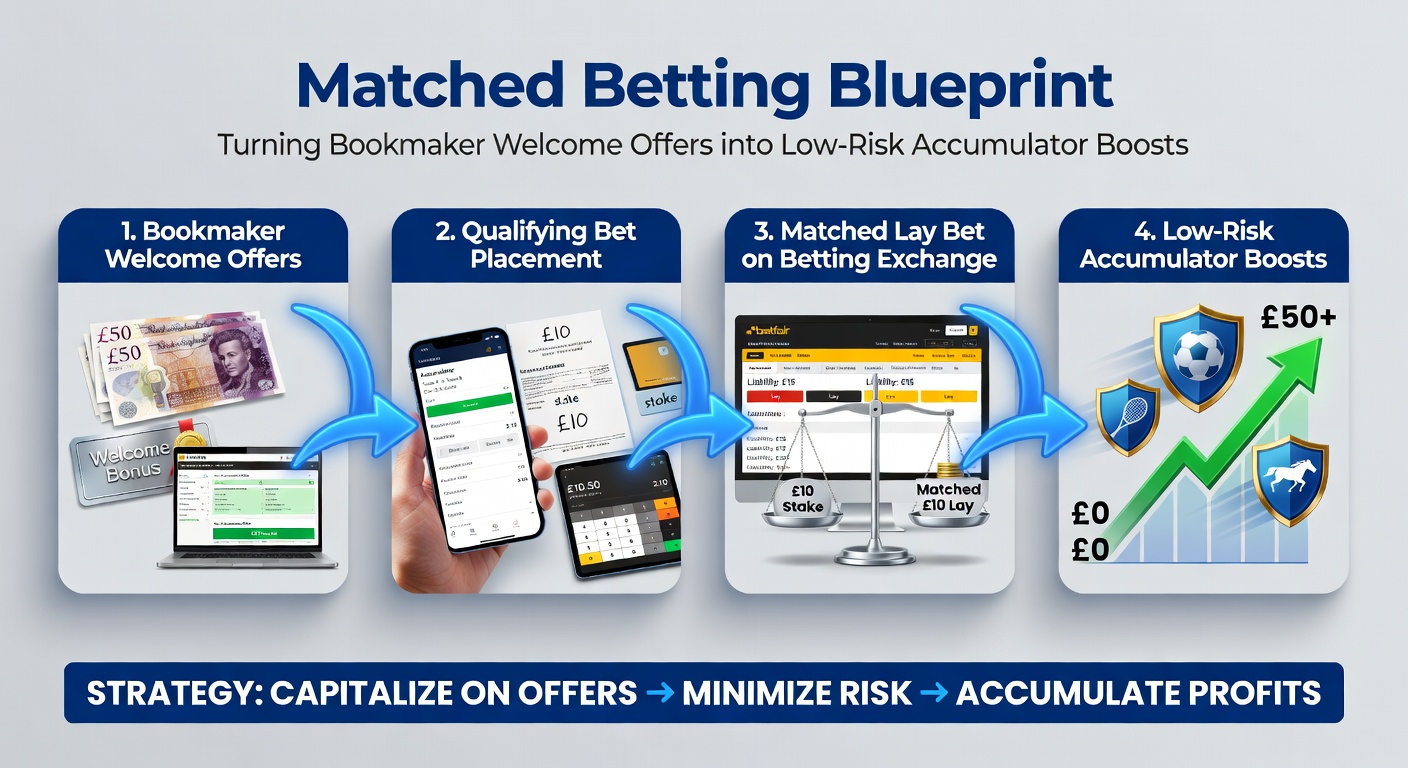 Step-by-step infographic of matched betting flow from welcome offer qualification to accumulator boost cashout, featuring icons for bets, exchanges, and profit calculations