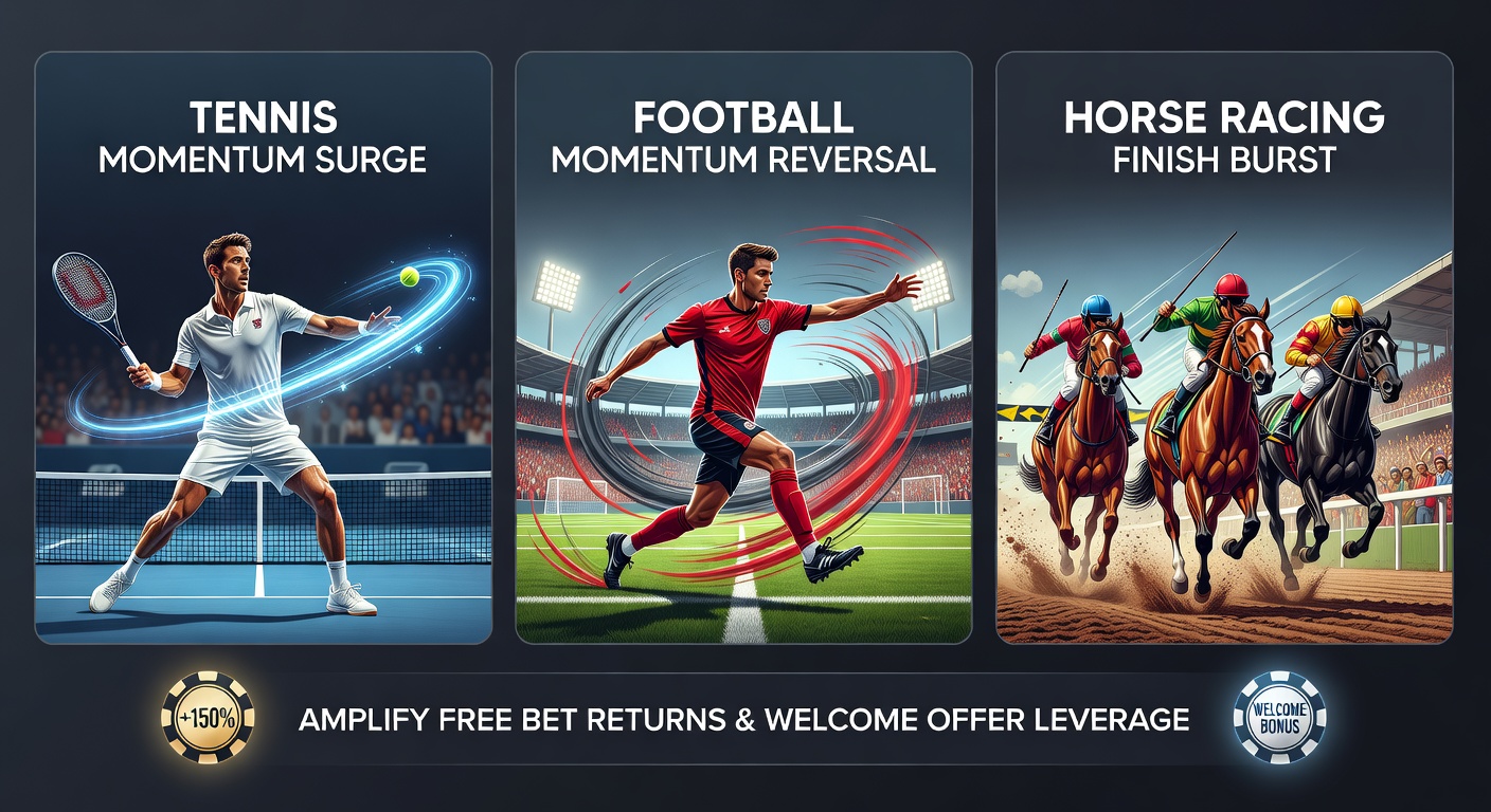 Dynamic live betting screen showing drifting odds during a tennis rally, football counterattack, and horse racing stretch run