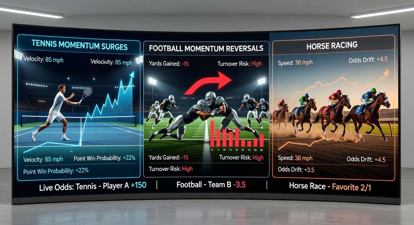 Horse racing field bursting into the final straight with drifting odds overlay, tennis player celebrating a surge, and football team reversing momentum