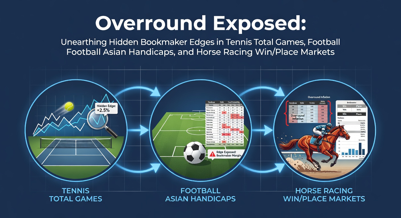 Chart illustrating overround variations across tennis total games, football Asian handicaps, and horse racing win/place markets, highlighting bookmaker margins