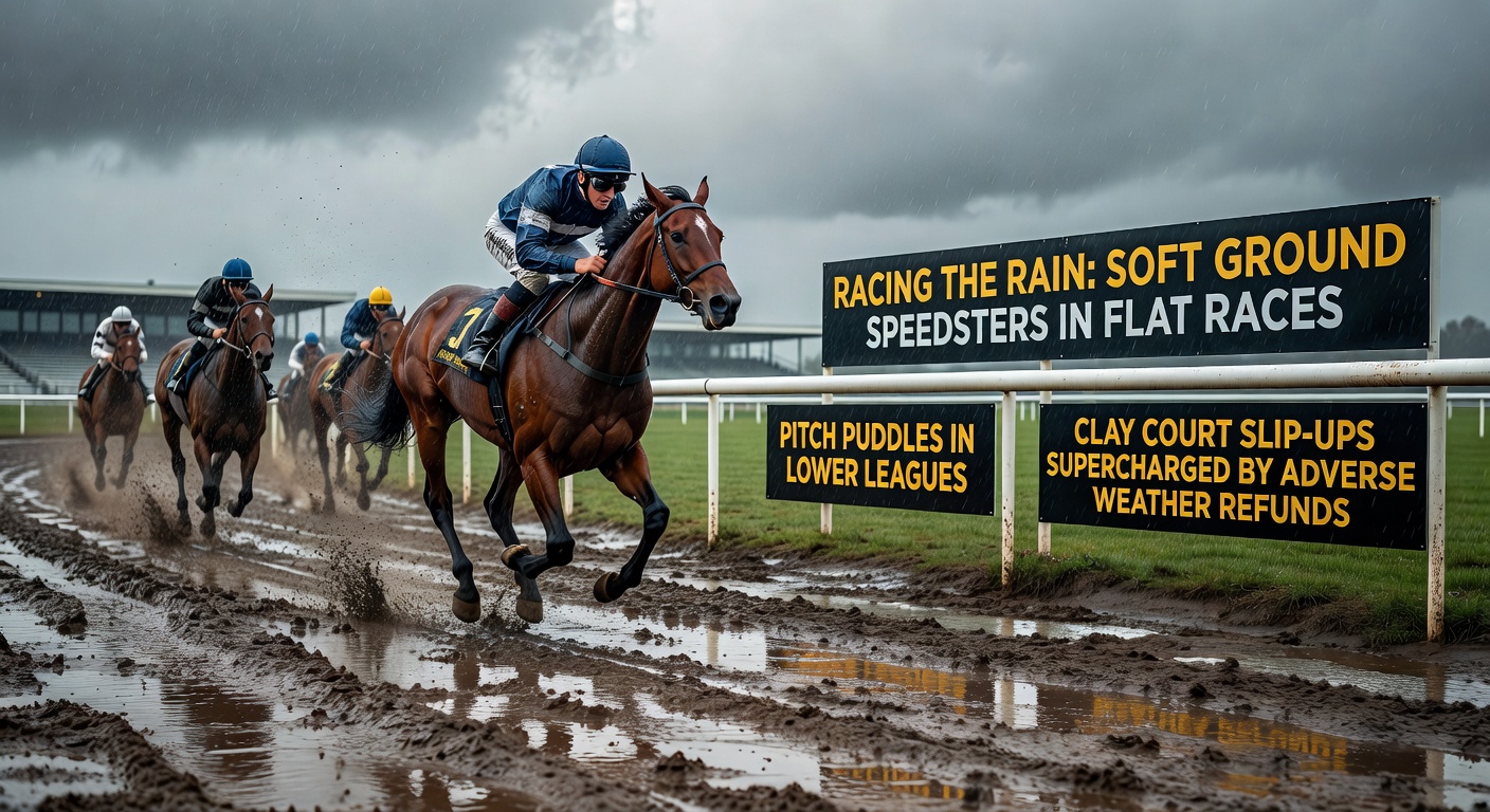 A horse racing on a rain-soaked track with mud flying from hooves, capturing the intensity of soft ground conditions in flat races