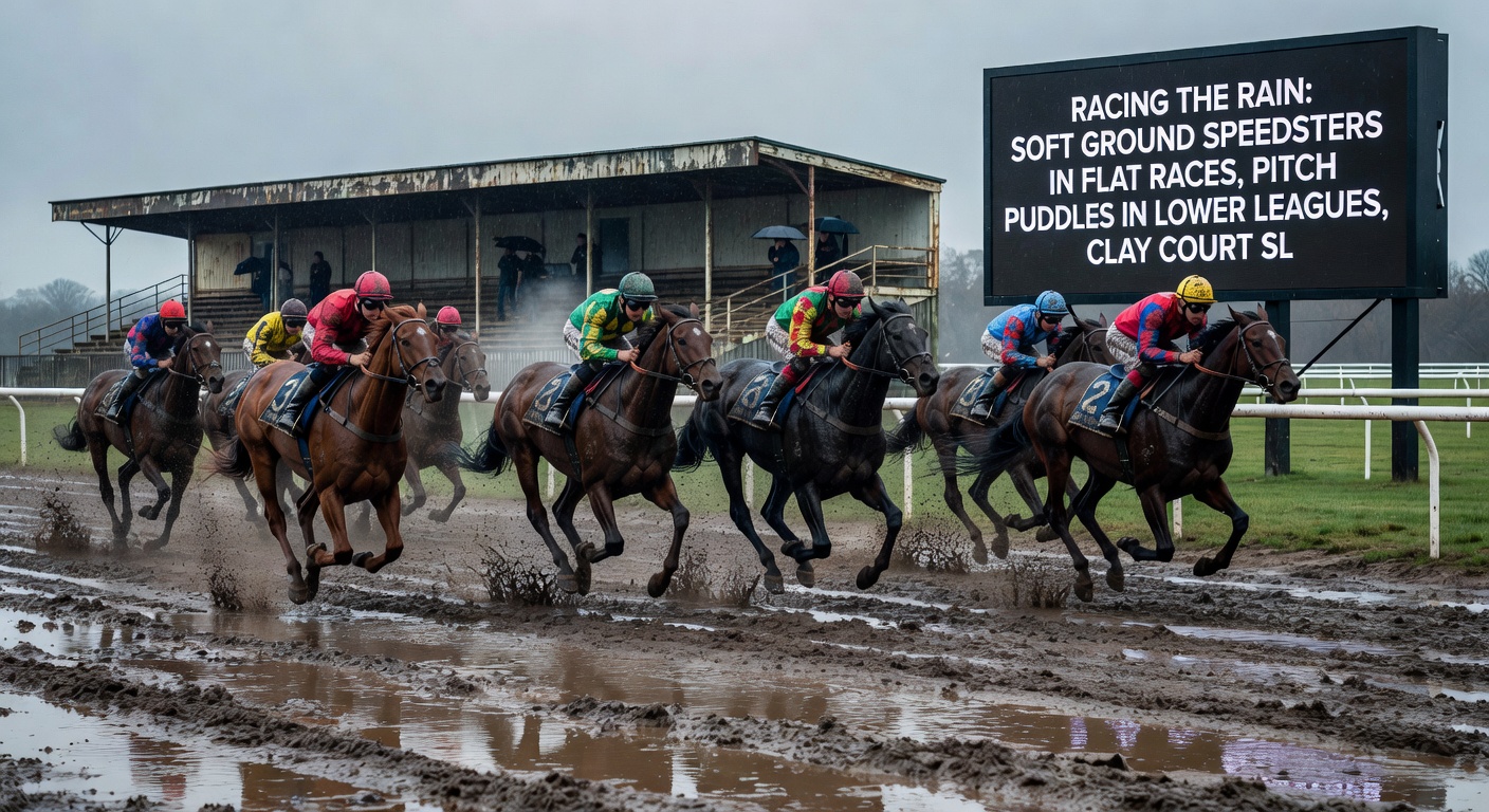 A soccer player navigating puddles on a waterlogged lower league pitch during a rainy match, highlighting how adverse weather alters ball movement and tactics