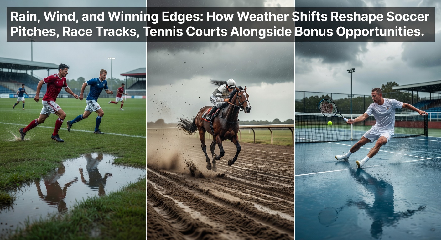 Soccer players battling heavy rain on a waterlogged pitch, with wind whipping the ball across the field