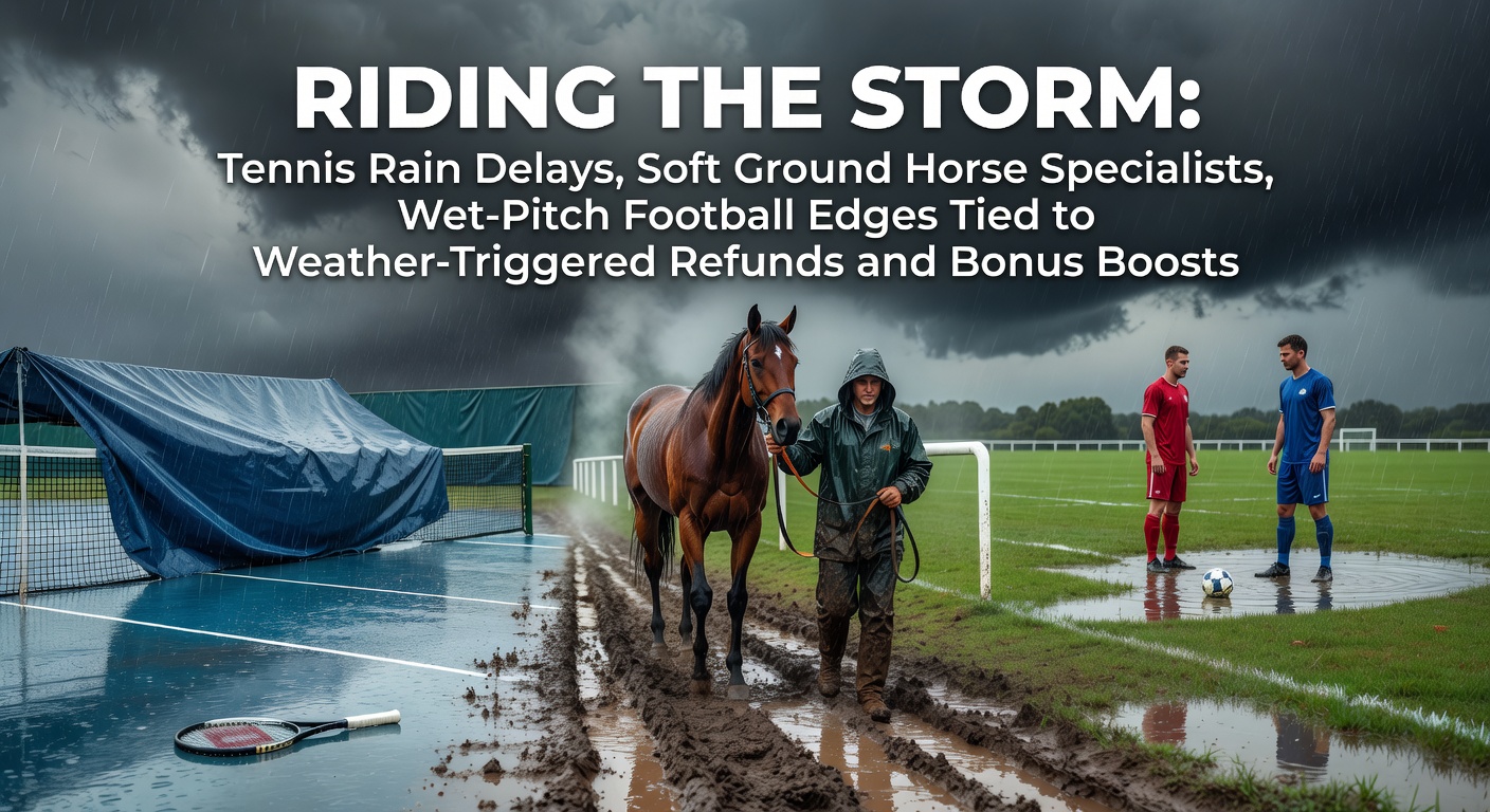 Tennis players covering courts during heavy rain; horse racing on muddy tracks; footballers slipping on wet pitches amid stormy skies