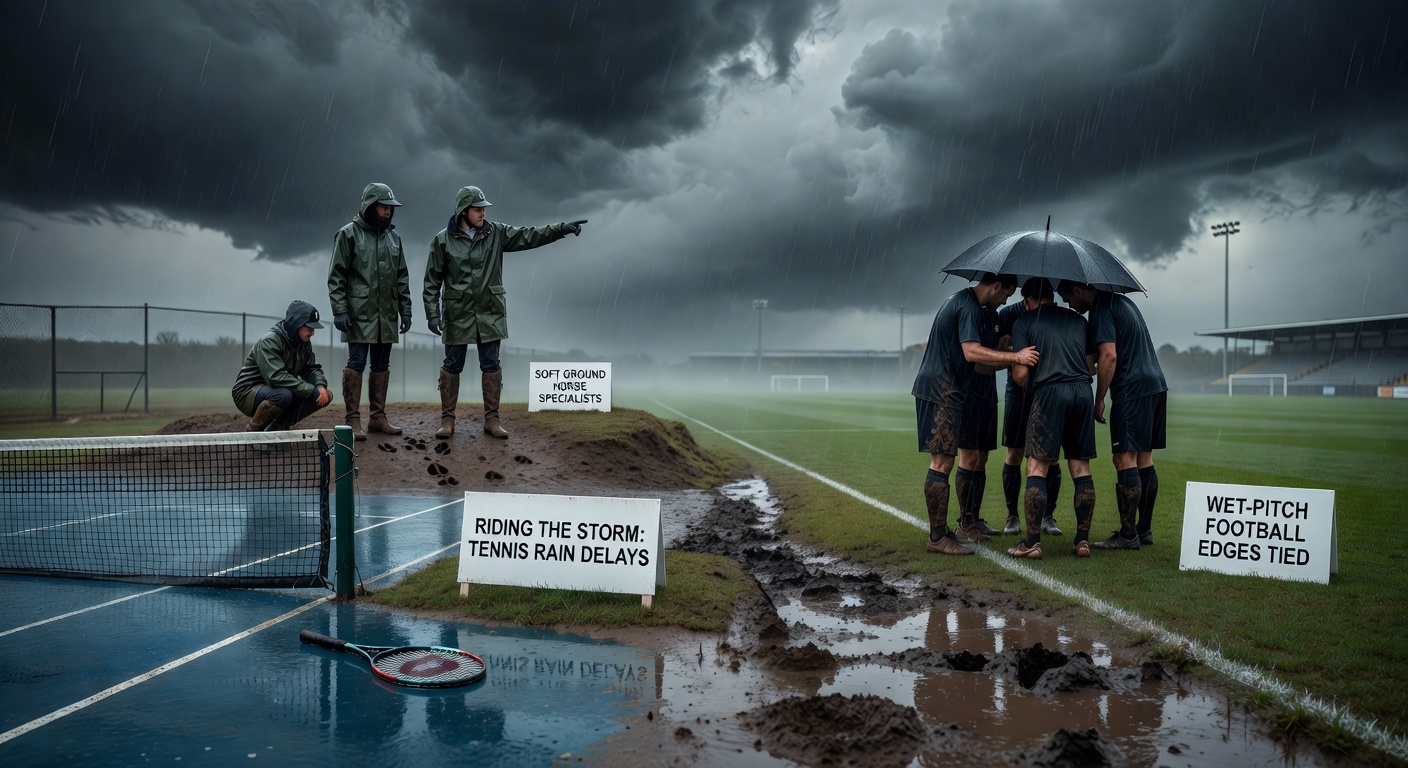 Close-up of horse splashing through deep mud on a rain-soaked racecourse; tennis umpire signaling suspension; flooded football pitch with players navigating puddles