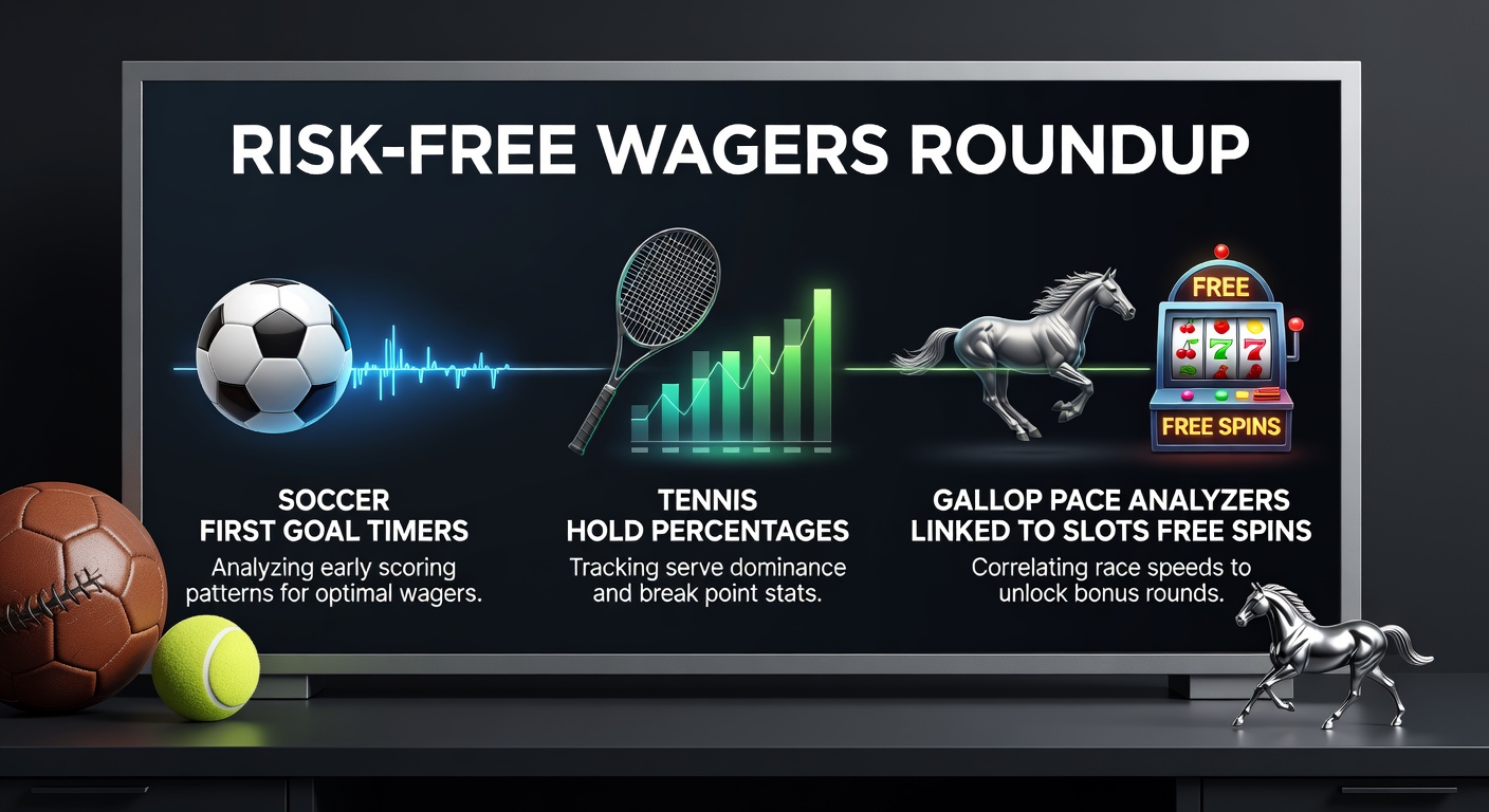 Digital dashboard showing soccer first goal timer overlaid with tennis serve stats and horse racing pace graphs, highlighting risk-free bet promotions tied to casino spins