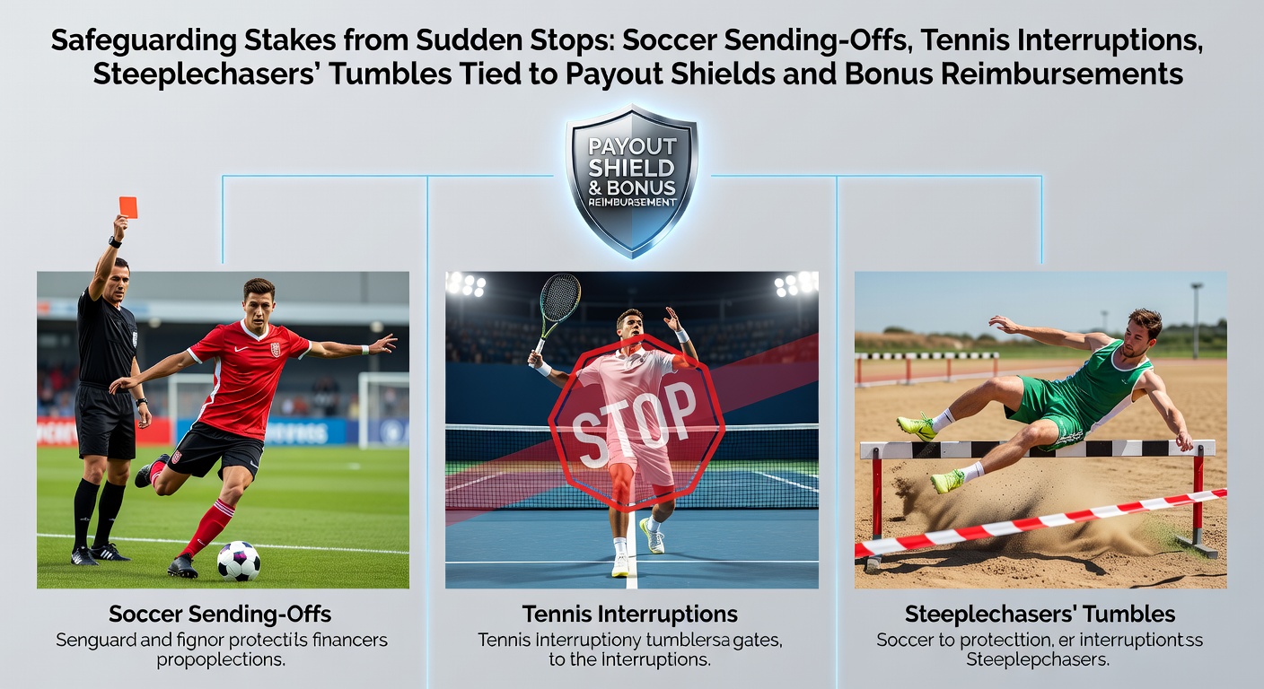 A dramatic soccer red card moment transitions to a tennis player clutching their arm mid-match while a steeplechase horse tumbles over a fence, highlighting sudden disruptions in play