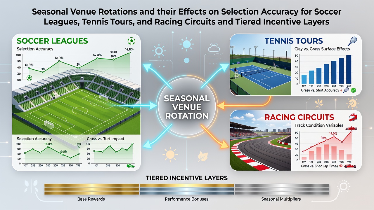 Diagram illustrating seasonal venue changes in soccer stadiums, tennis courts, and horse racing tracks with overlaid selection accuracy metrics