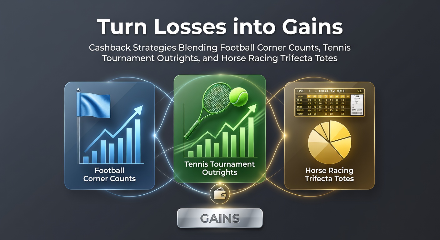 Visual breakdown of cashback promotions overlaid on football corners, tennis courts, and horse racing tracks, highlighting blended betting slips
