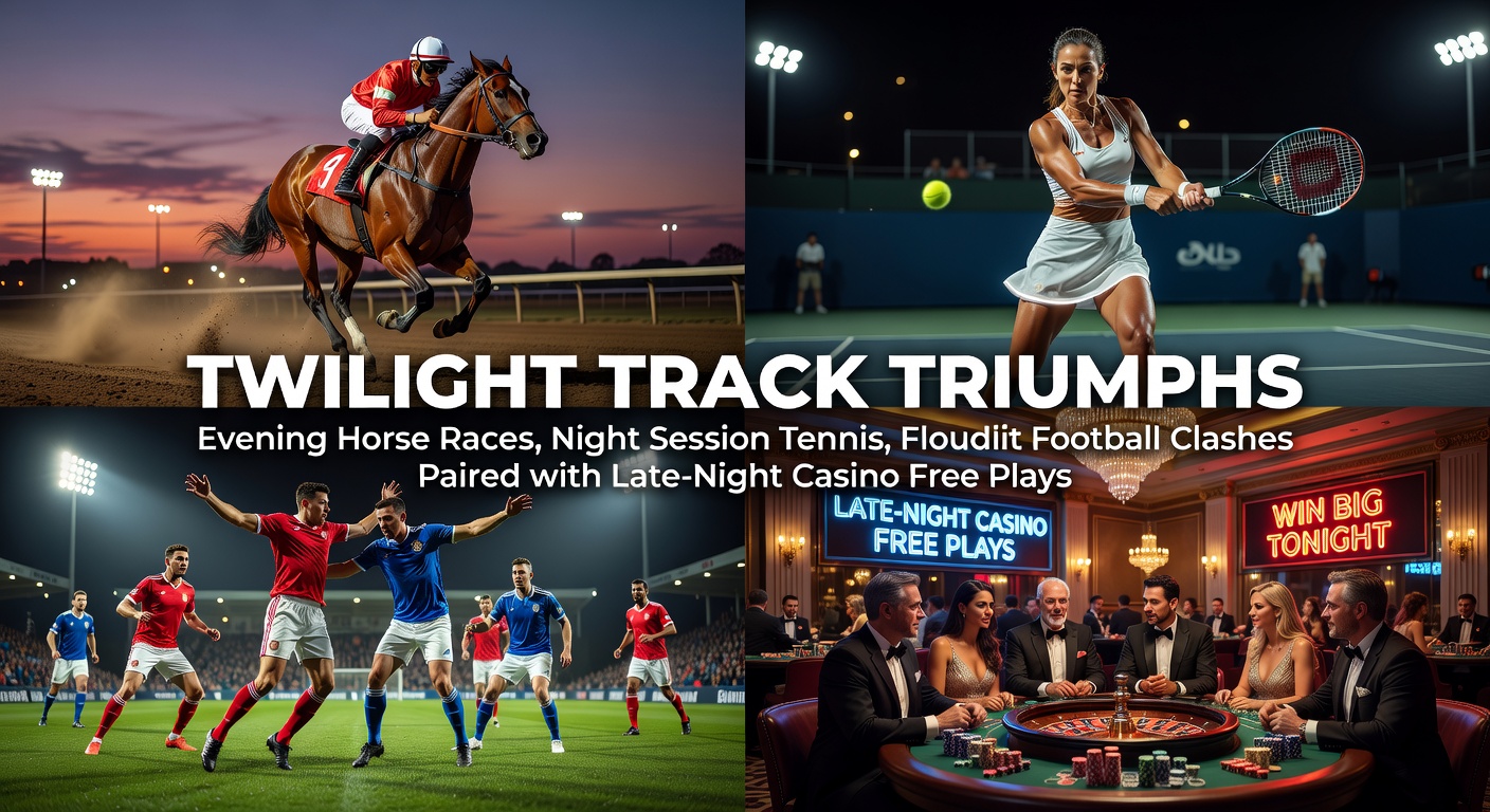 Vibrant evening horse race under floodlights with crowds cheering as horses thunder down the straight