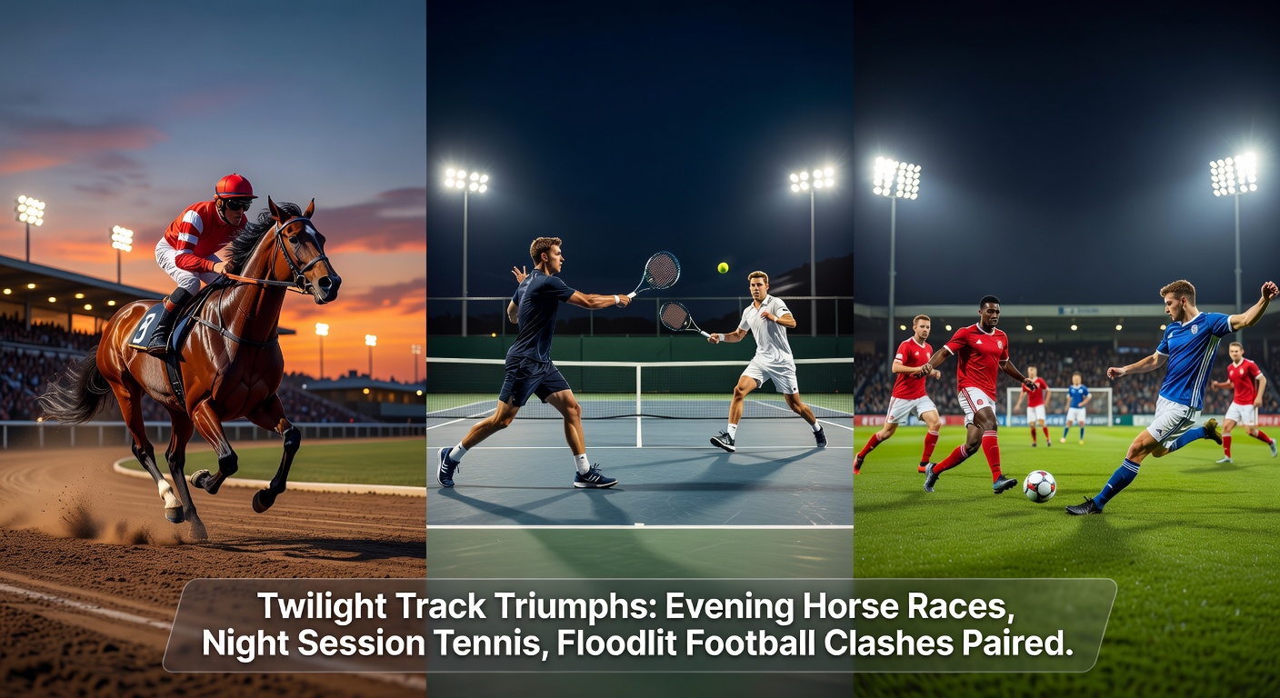 Intense floodlit football match with players clashing in midfield under stadium lights amid roaring fans