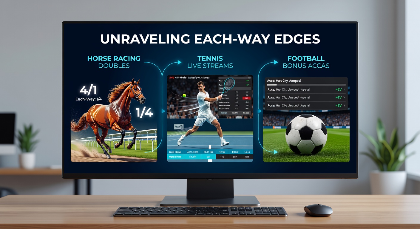 Split-screen showing live tennis match, horse racing paddock, and football accumulator odds board, illustrating multi-sport betting convergence
