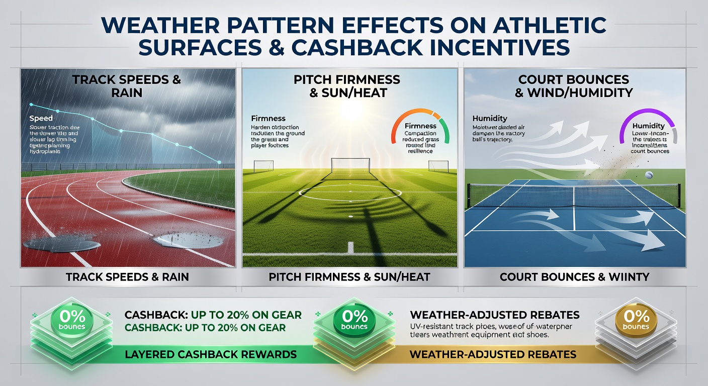 Tennis courts showing bounce variations under changing weather conditions alongside multi-leg betting interfaces